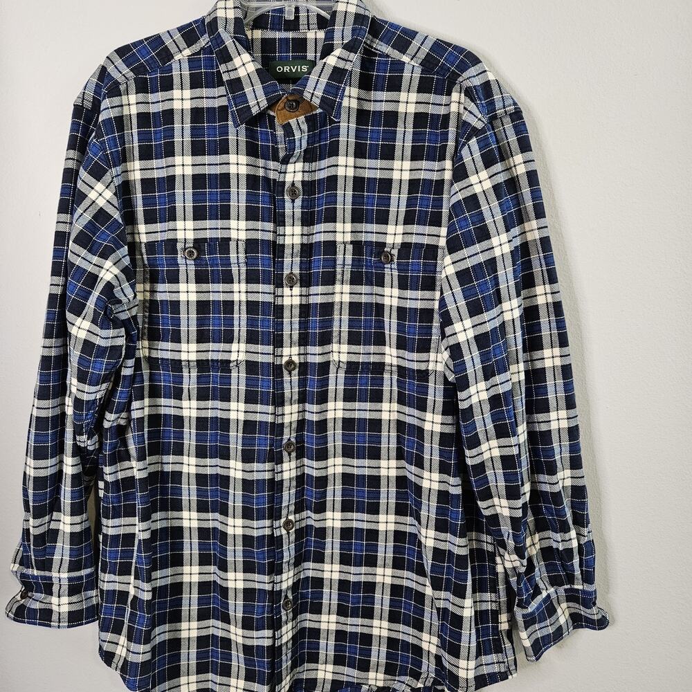 Orvis Heavy Flannel Shirt Shacket Mens L Blue Plaid Button Up Long Sleeve Pocket